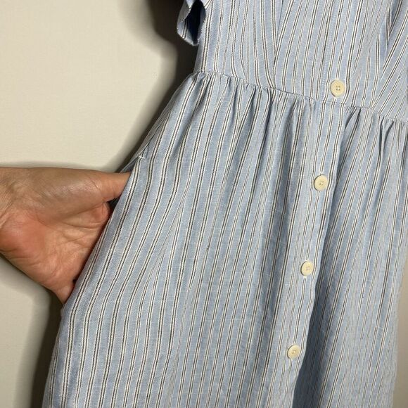 MADEWELL Linen Midi Dress Women XS Blue Stripe NEW Button Front Pockets NQ632 - Picture 6 of 16